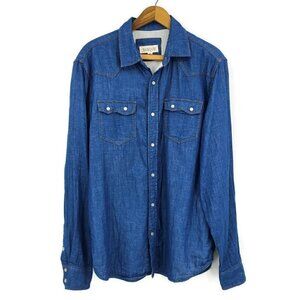 Barque Chambray Shirt Mens Large Pearl Snaps Western Blue